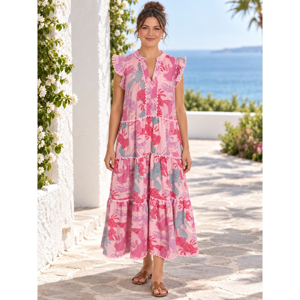 Mary Square Dress 1X Pink Lobster Tiered Maxi Ric Rac Coastal Preppy Resort